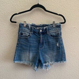 KanCan High Rise Raw Hem Denim Shorts Size 27 Distressed Medium Wash Boho